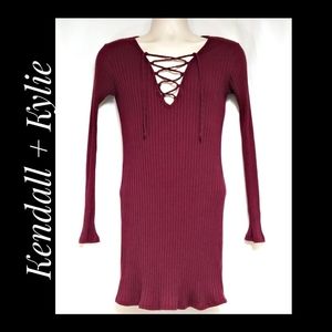 Kendall + Kylie Rib Knit Dress Maroon Size Large